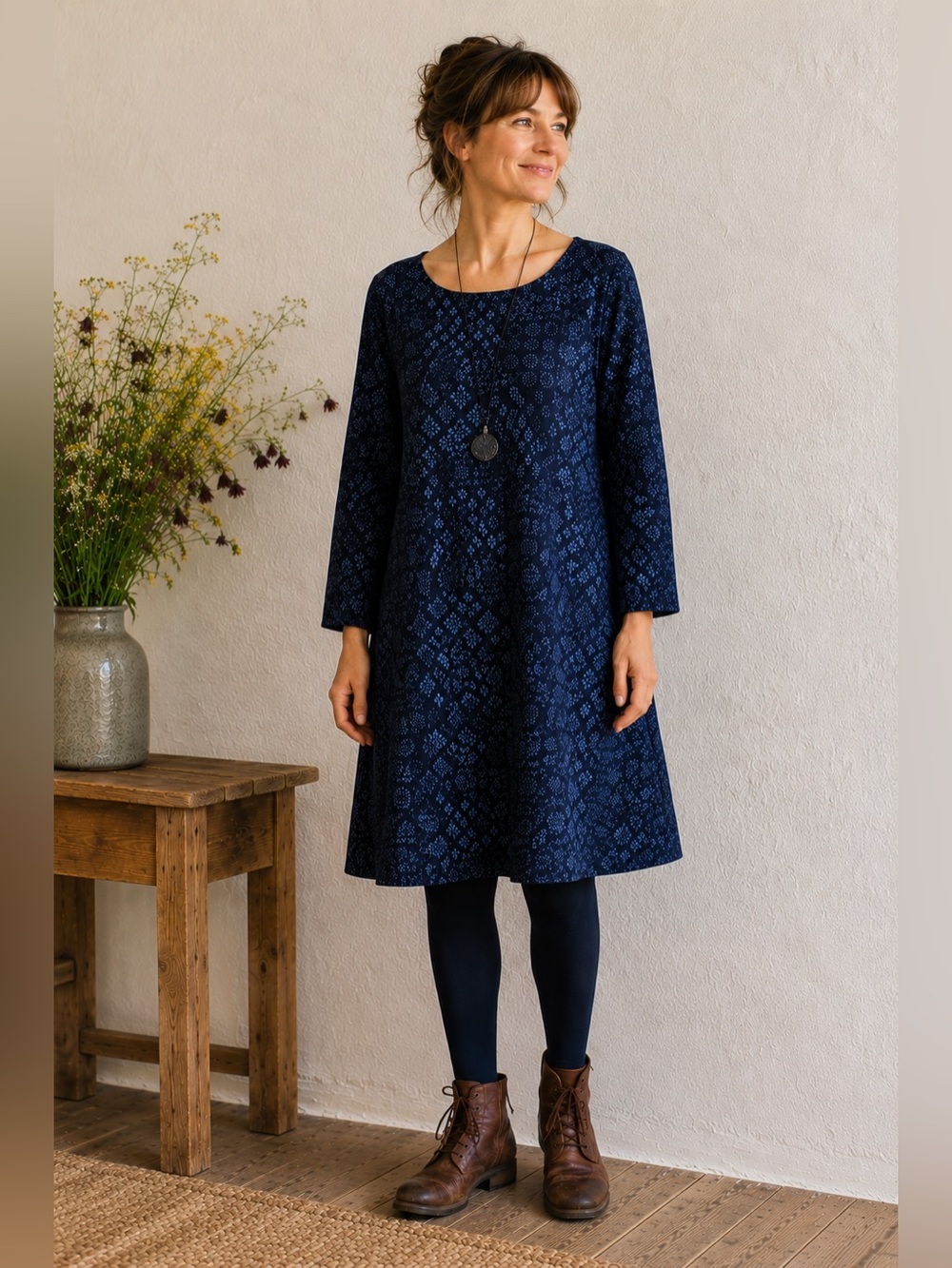 Gudrun Sjoden Blue Floral Micro Modal Stretch A Line Dress Medium